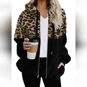 Wild Orchid Leopard Print Hoodie S Full Zip Jacket Black Brown Faux Fur 445